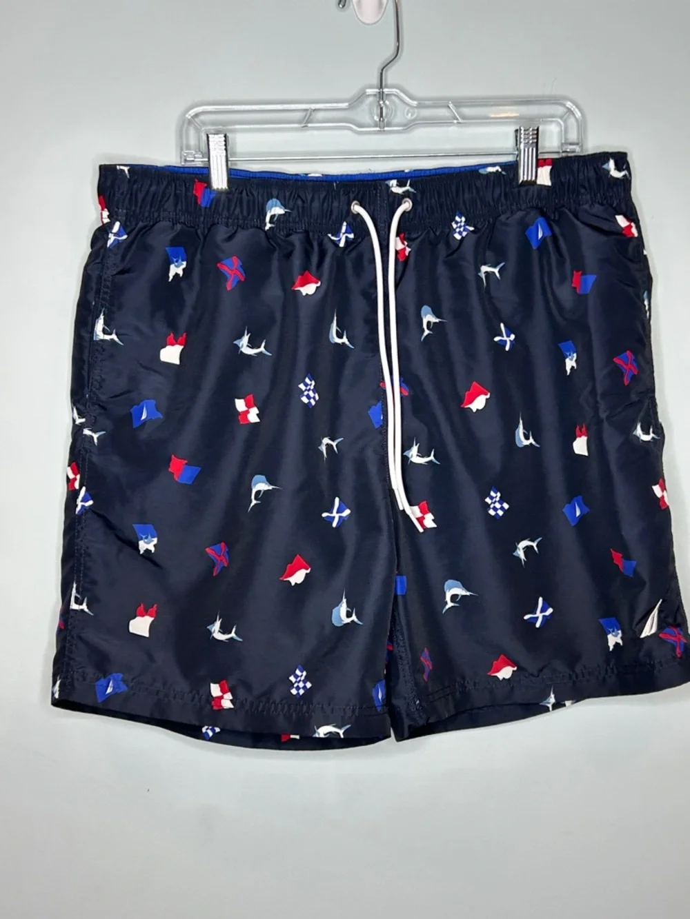 Nautica Navy‎ Swim Trunks with Red, Blue & White Nautical Print